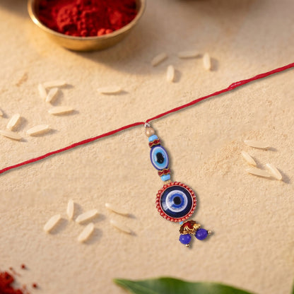 Side angle of Evil Eye Bhabhi Rakhi showing bead details