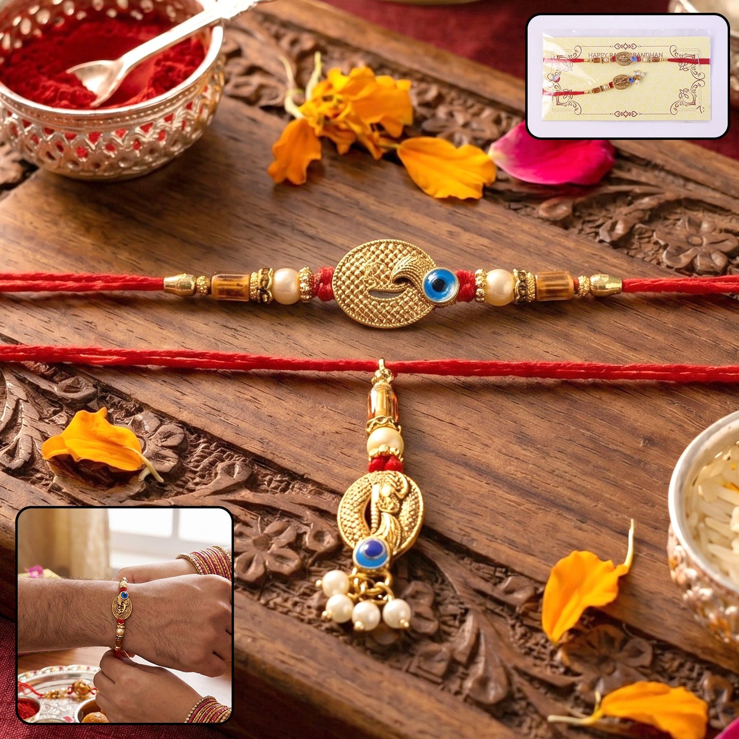Blue Stone Bhabhi Rakhi with Pearl Cluster Latkan top view