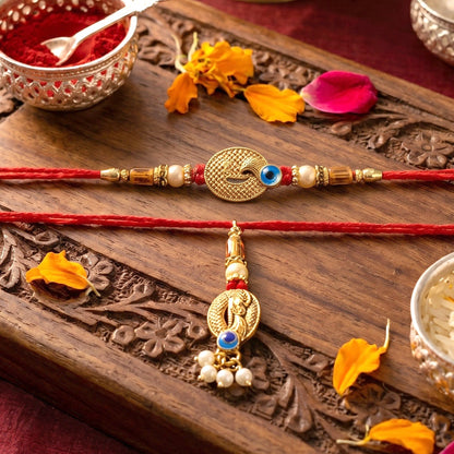 Side view of Blue Stone Bhabhi Rakhi with pearl latkan