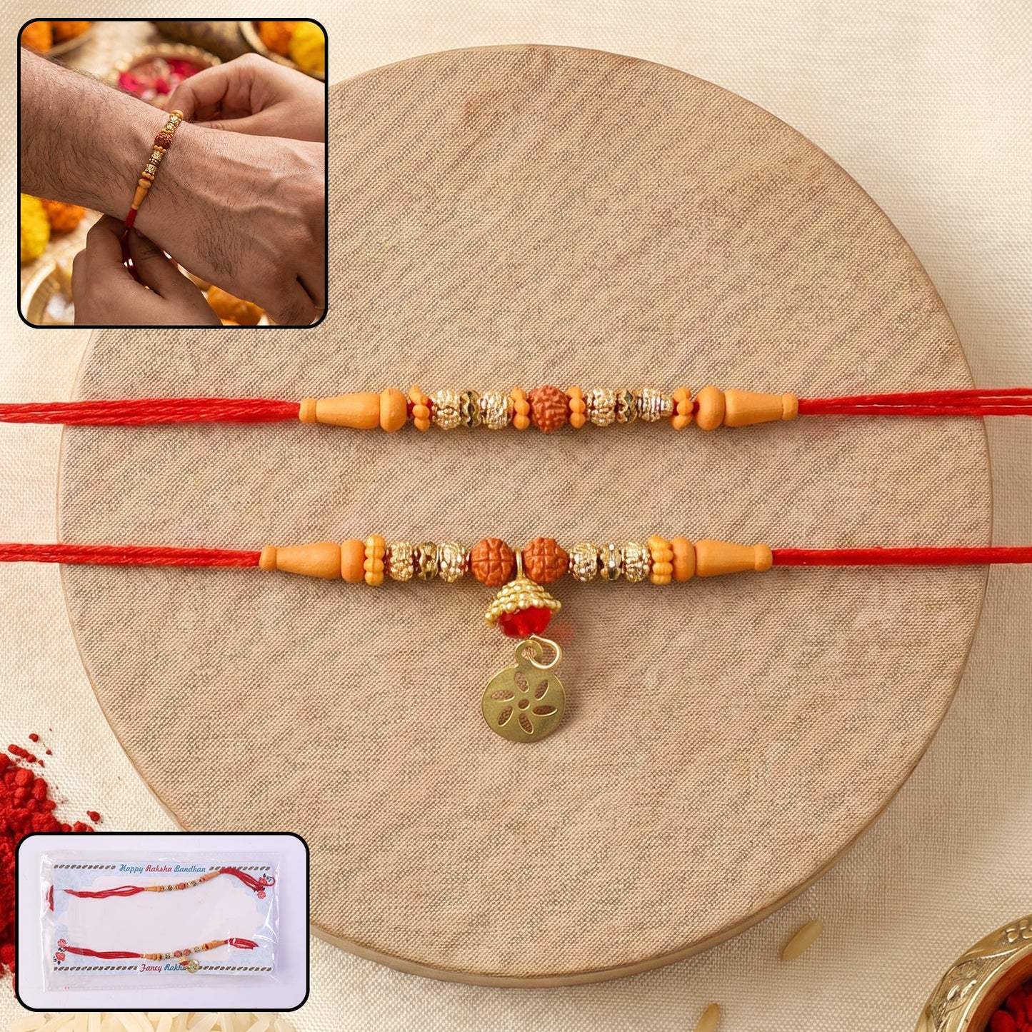 Rudraksha Bead Bhabhi Rakhi with Om Charm front view