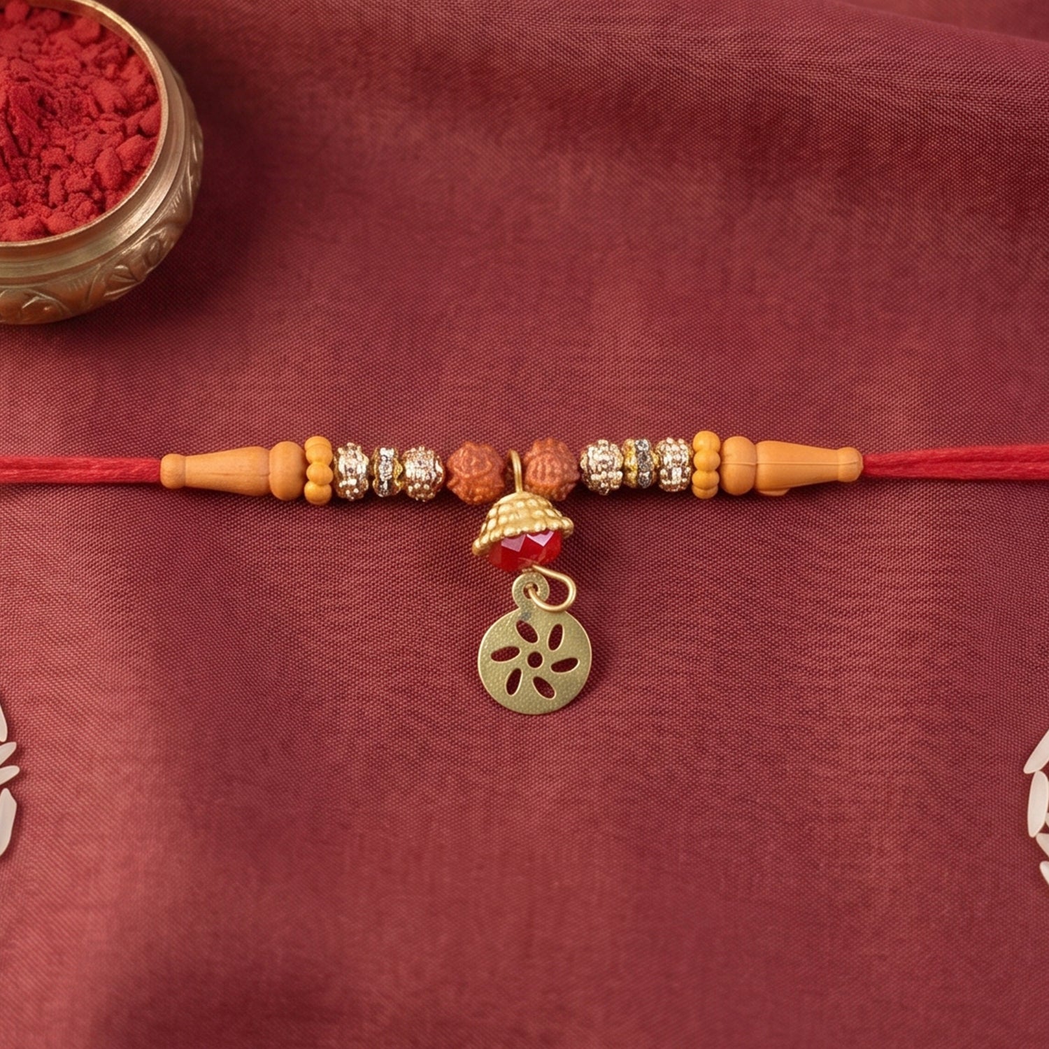 Side view of Rudraksha Bead Bhabhi Rakhi with Om Charm