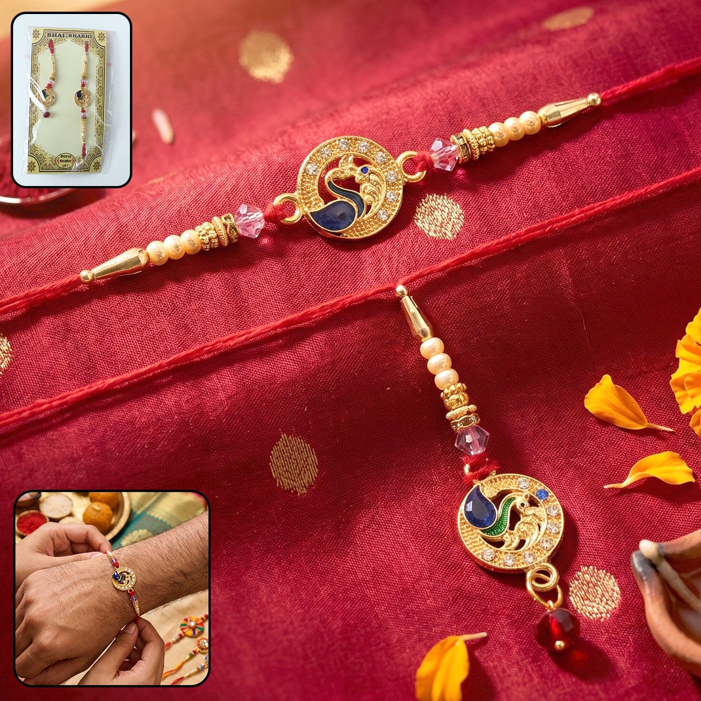 Peacock Stone Bhabhi Rakhi with Pearl Latkan front view