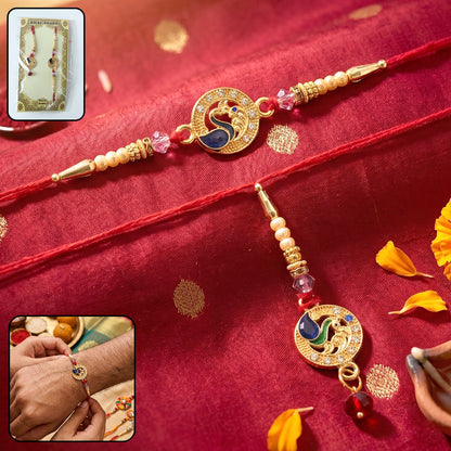 Peacock Stone Bhabhi Rakhi with Pearl Latkan front view