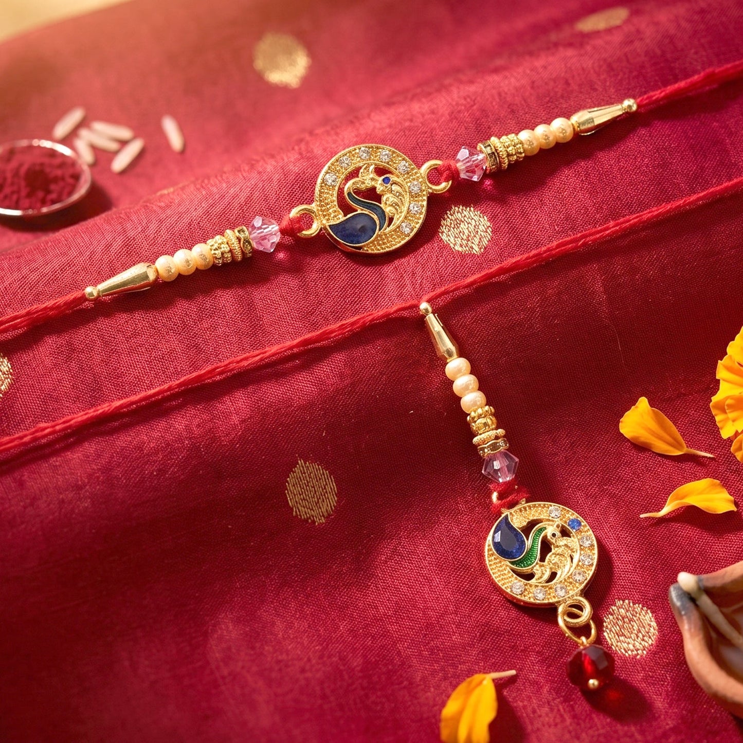 Side angle of Peacock Stone Bhabhi Rakhi with Pearl Latkan