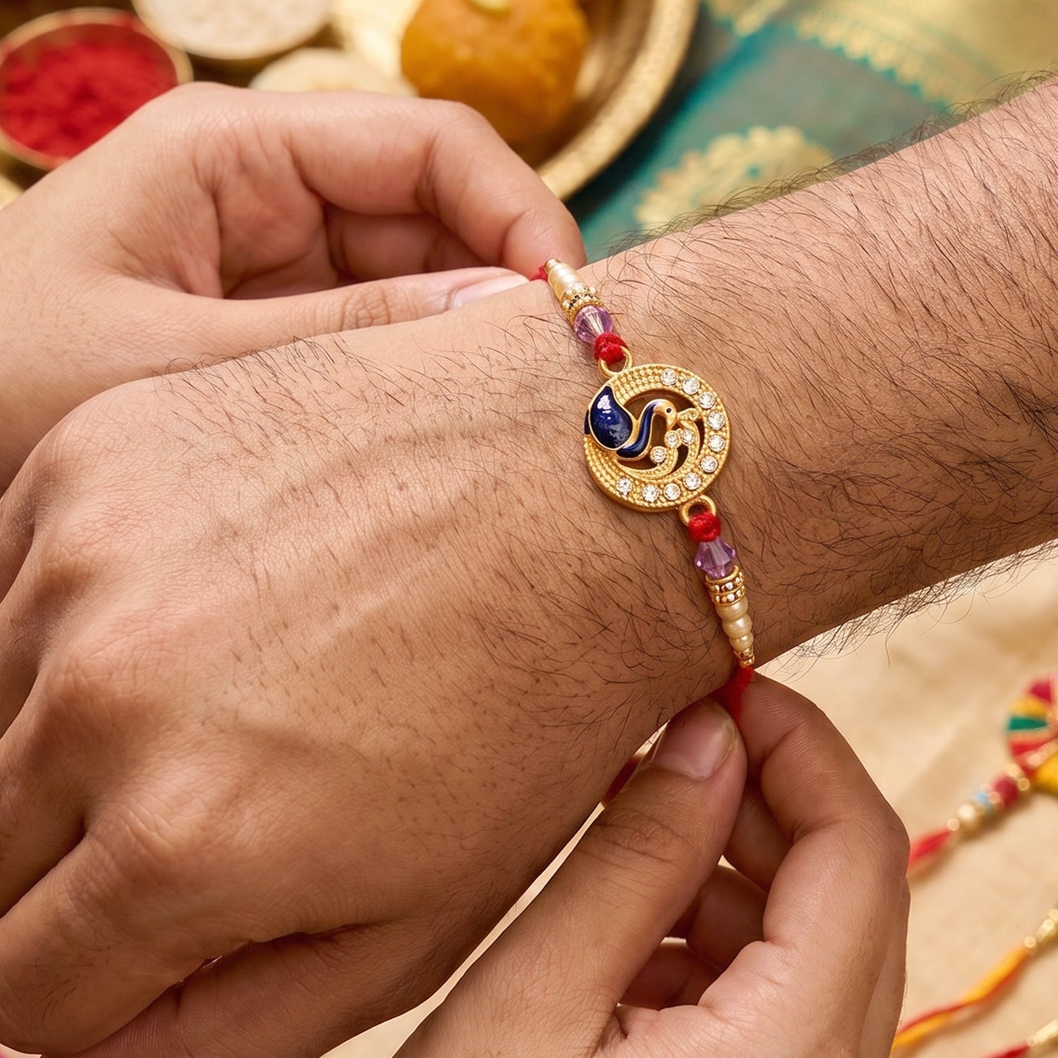 Close-up of Peacock Stone detail on Bhabhi Rakhi