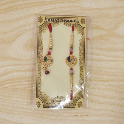 Peacock Stone Bhabhi Rakhi with Pearl Latkan full length view