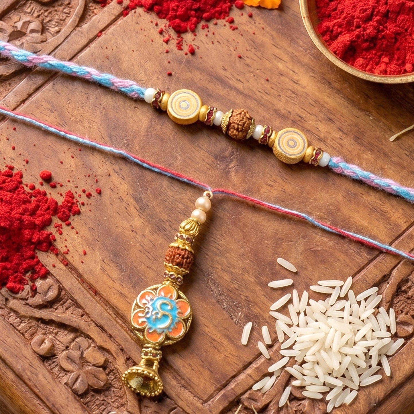 Close-up of Blue Floral Bhabhi Rakhi details and colors