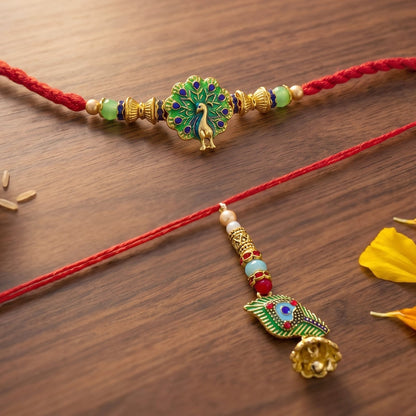 Peacock design detail on Bhabhi Rakhi with green stones