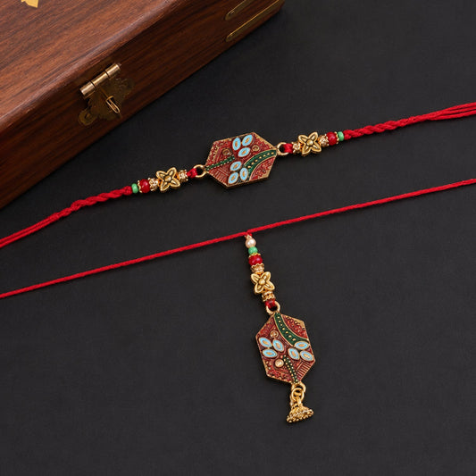 Meenakari Pot Bhabhi Rakhi with Gold Latkan