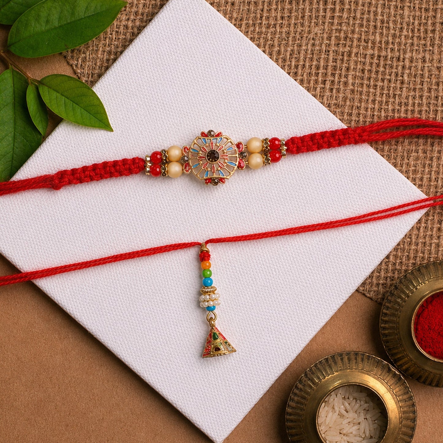 Sunflower Stone Bhabhi Rakhi with Bead Latkan close-up view