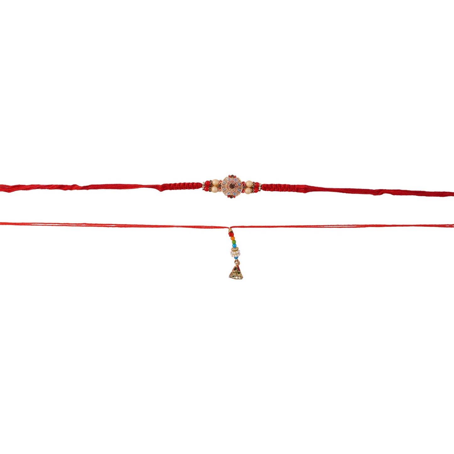 Hand holding Sunflower Stone Bhabhi Rakhi showing bead latkan