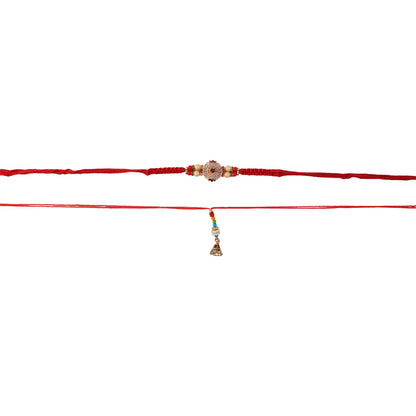 Hand holding Sunflower Stone Bhabhi Rakhi showing bead latkan