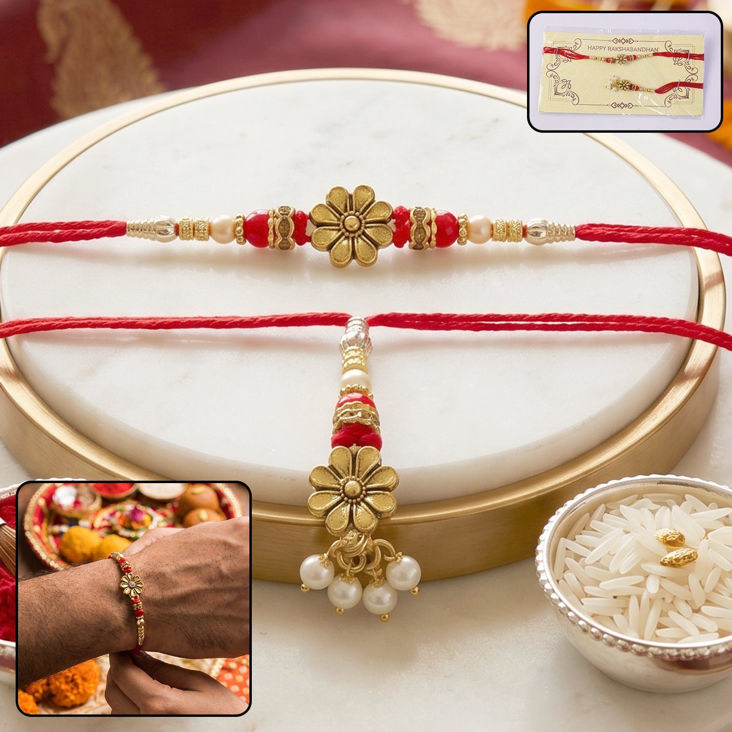 Golden floral designer Rakhi with pearl beads close-up