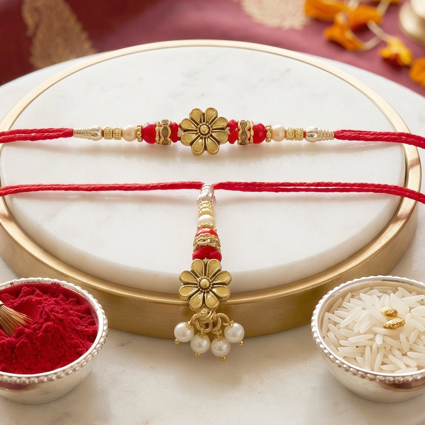 Golden floral designer Rakhi with pearl beads on hand