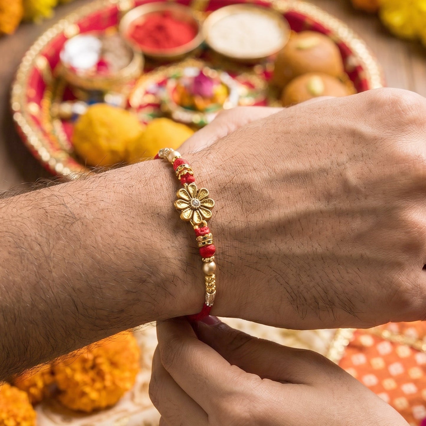 Peacock latkan detail on golden floral Rakhi with pearl beads