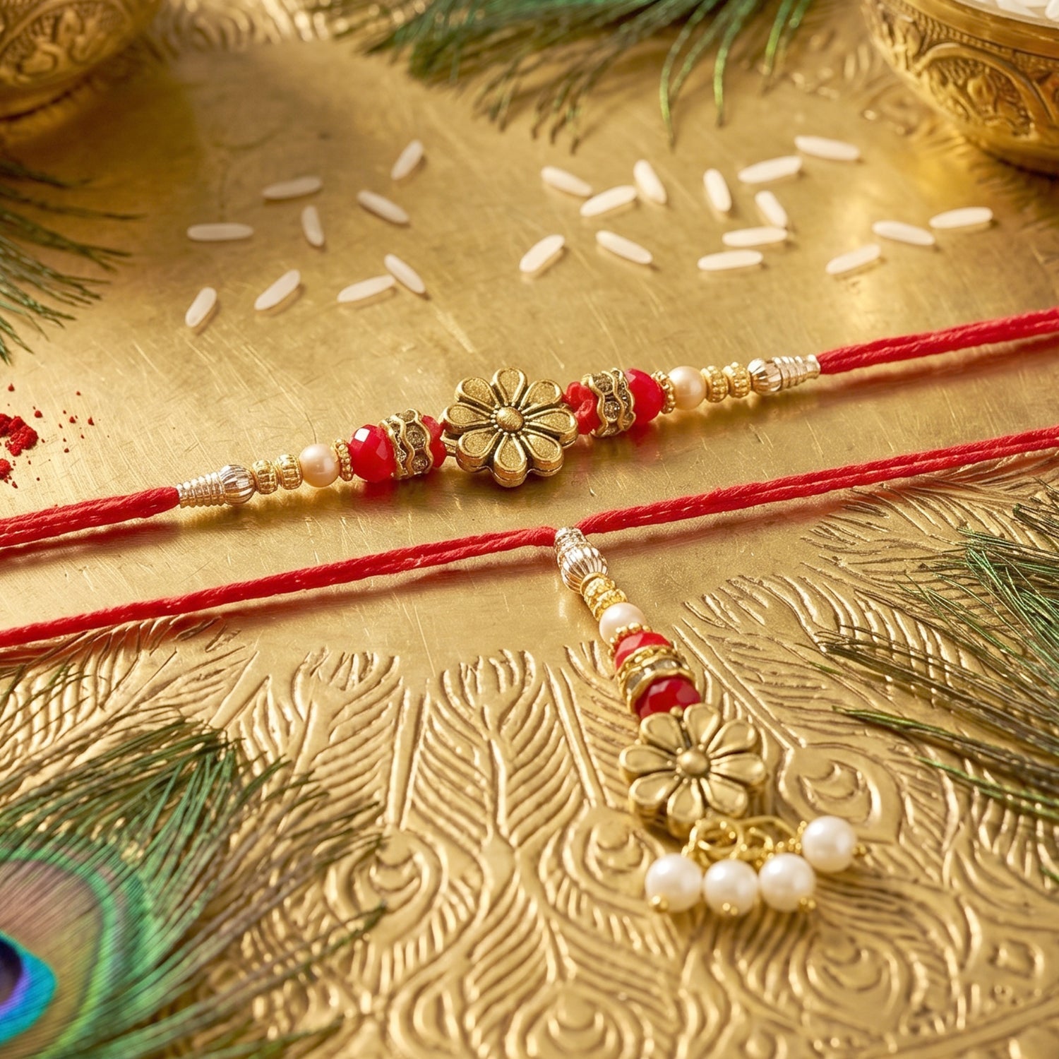 Side view of golden floral Rakhi with pearl beads