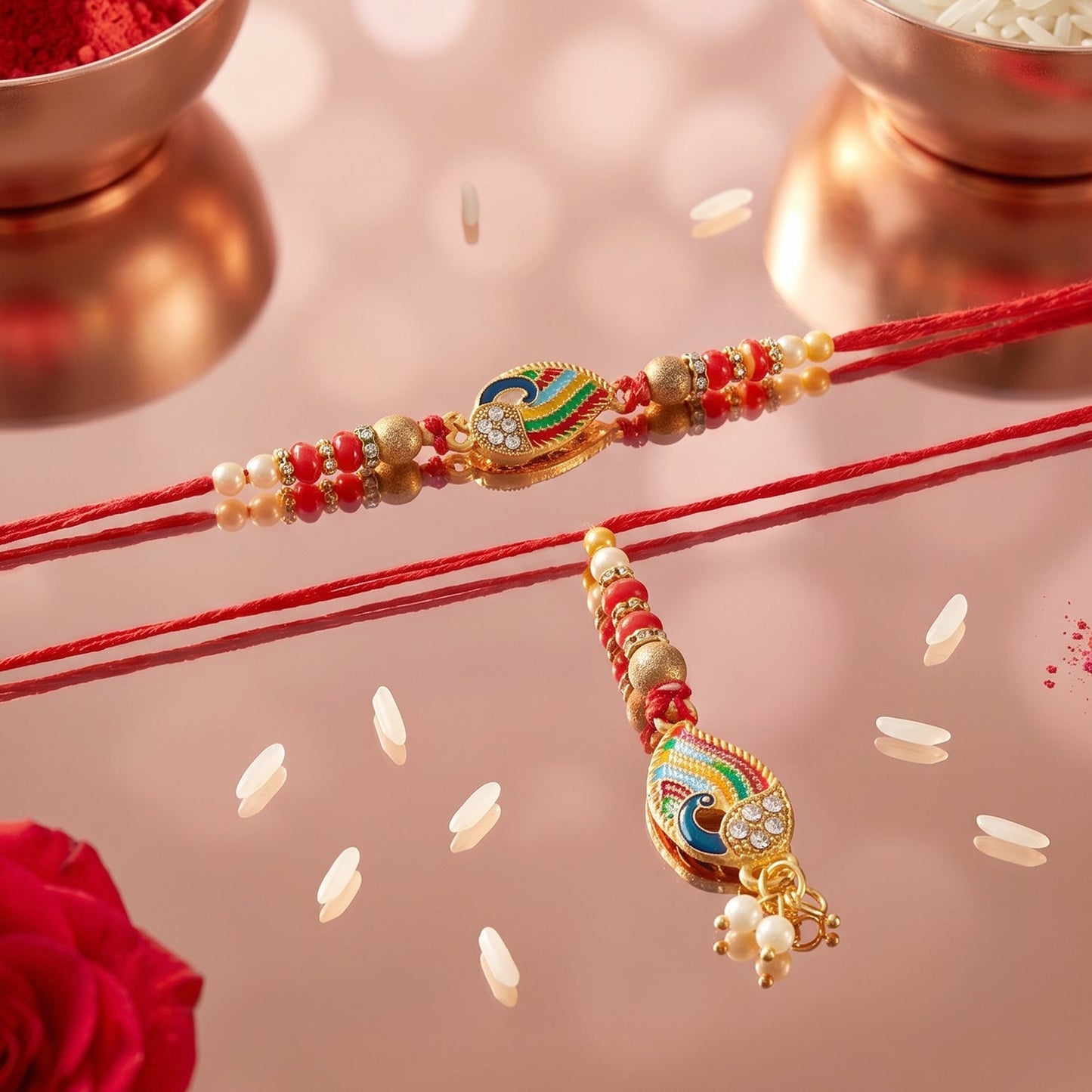 Pearl beads on colorful Peacock Designer Rakhi