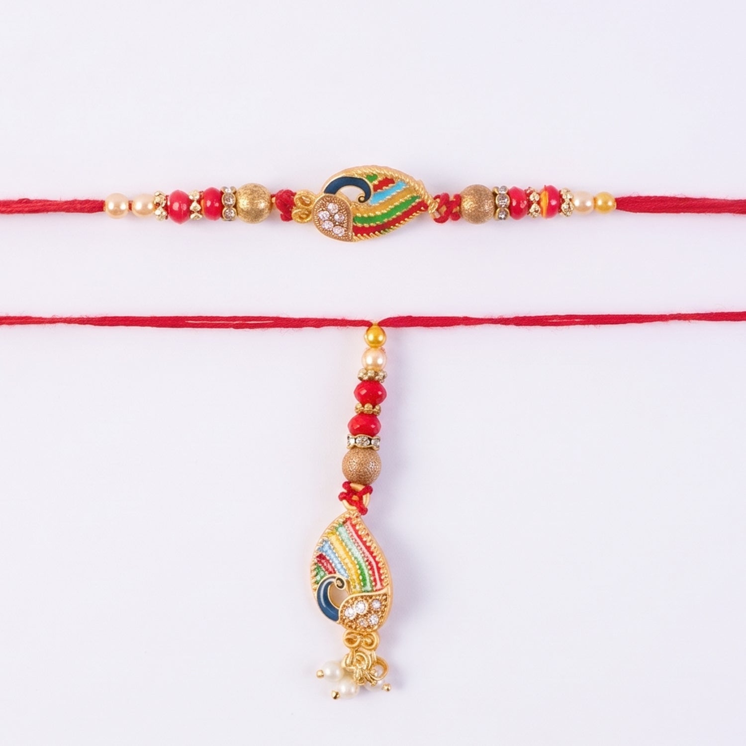 Side view of Peacock Meenakari Rakhi with intricate details
