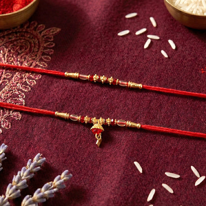 Side view of elegant golden beaded Bhabhi Rakhi