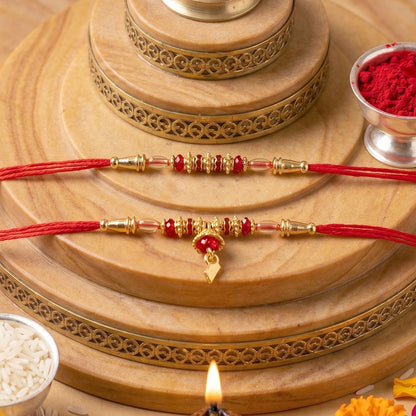 Handcrafted golden beaded designer Rakhi with detailed view