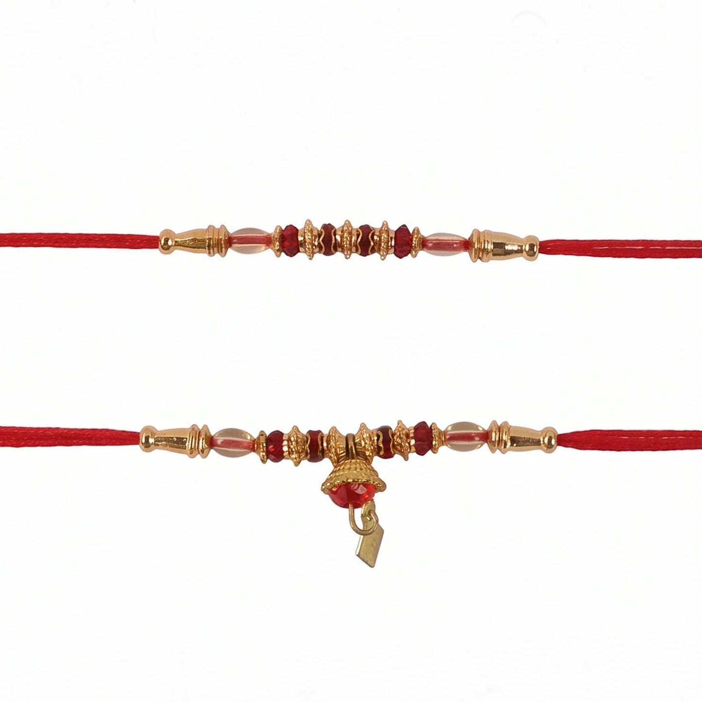 Close-up of Rakhi showing pearl beads and red thread