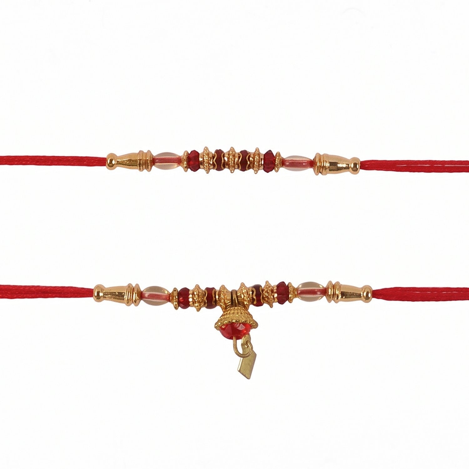 Close-up of Rakhi showing pearl beads and red thread