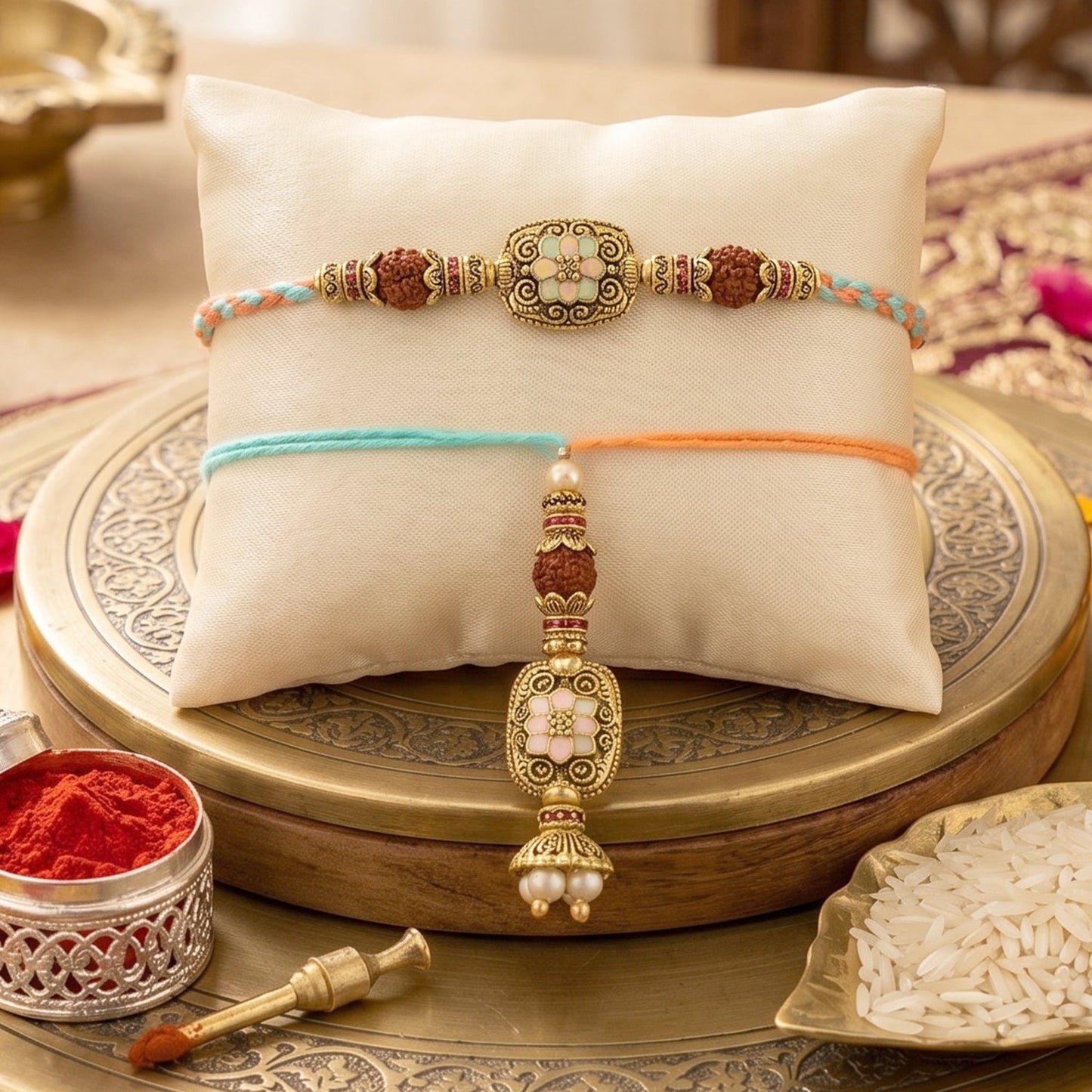 Close-up of Peacock Latkan Bhabhi Rakhi with pearl beads