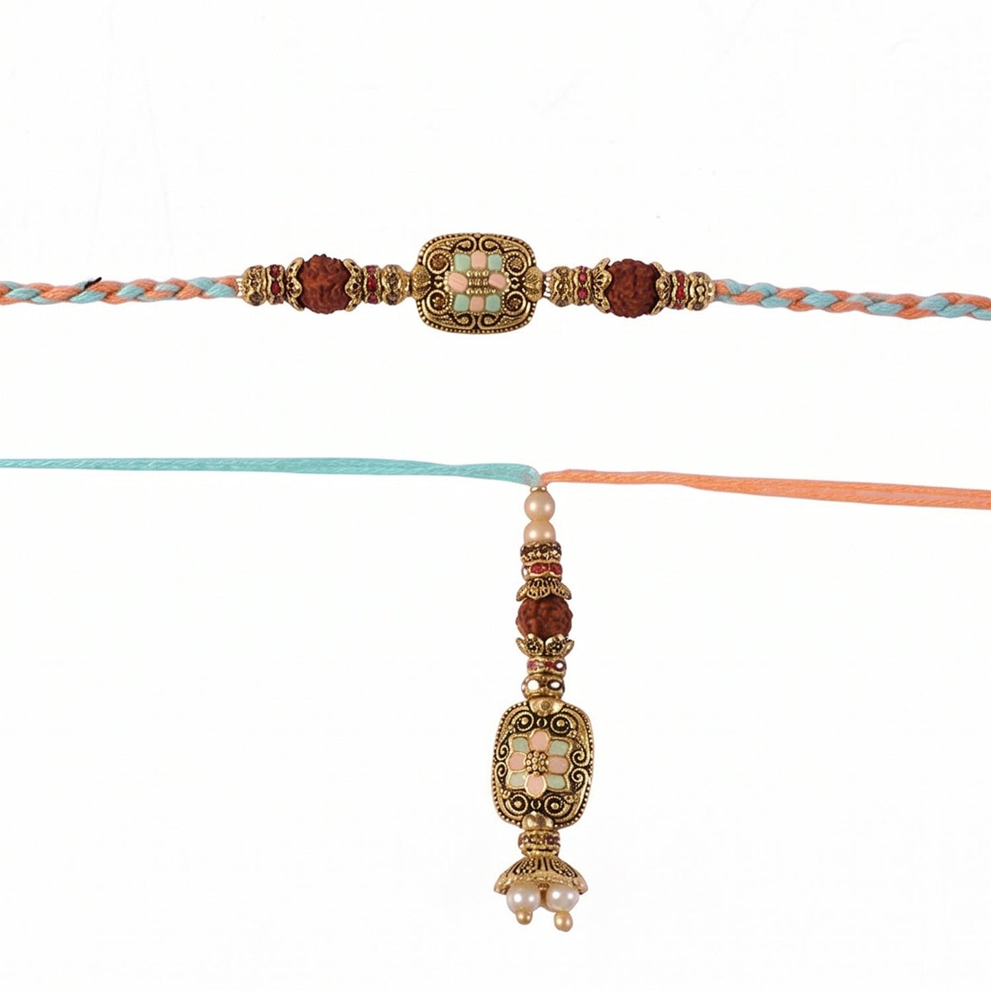 Pearl beads detail on Designer Rakhi