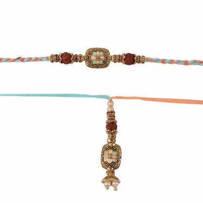 Pearl beads detail on Designer Rakhi