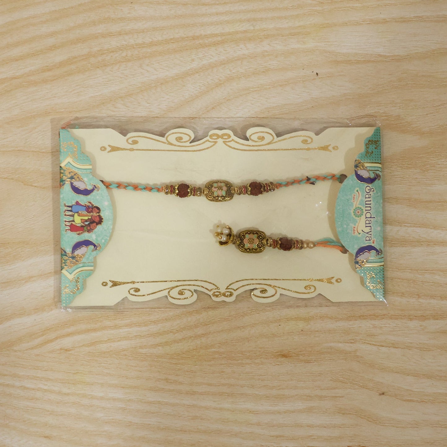Full view of Rudraksha Pastel Meenakari Designer Rakhi