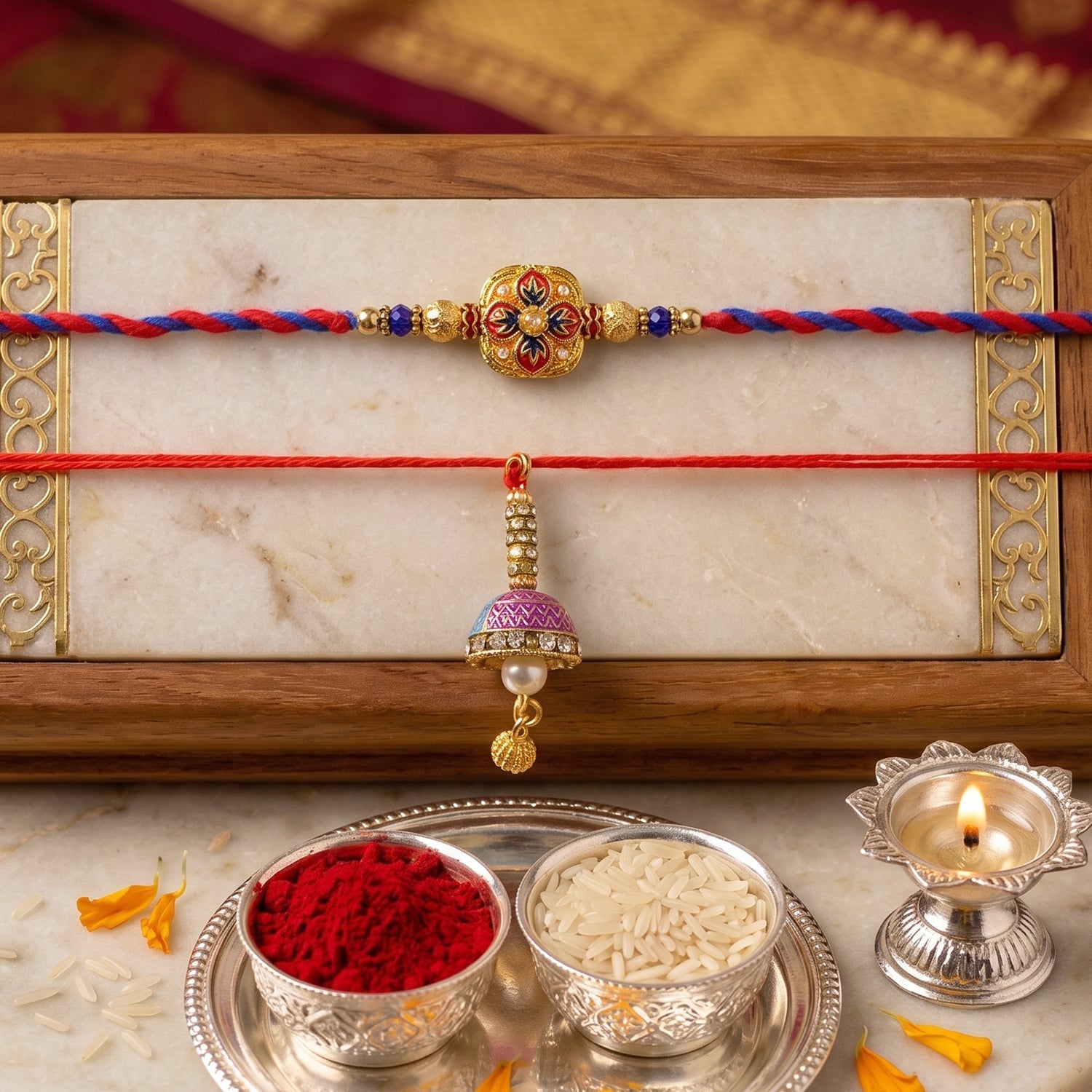 Handcrafted floral meenakari rakhi with pearl detailing