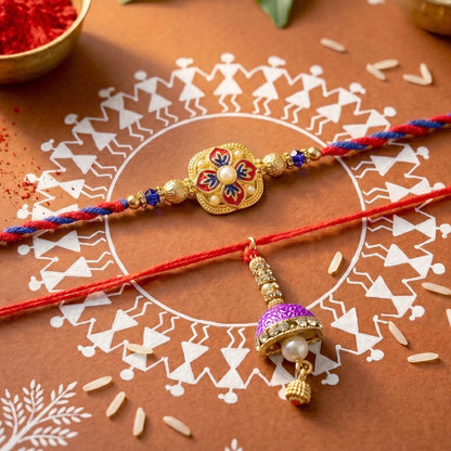 Floral meenakari rakhi showing intricate design and pearls