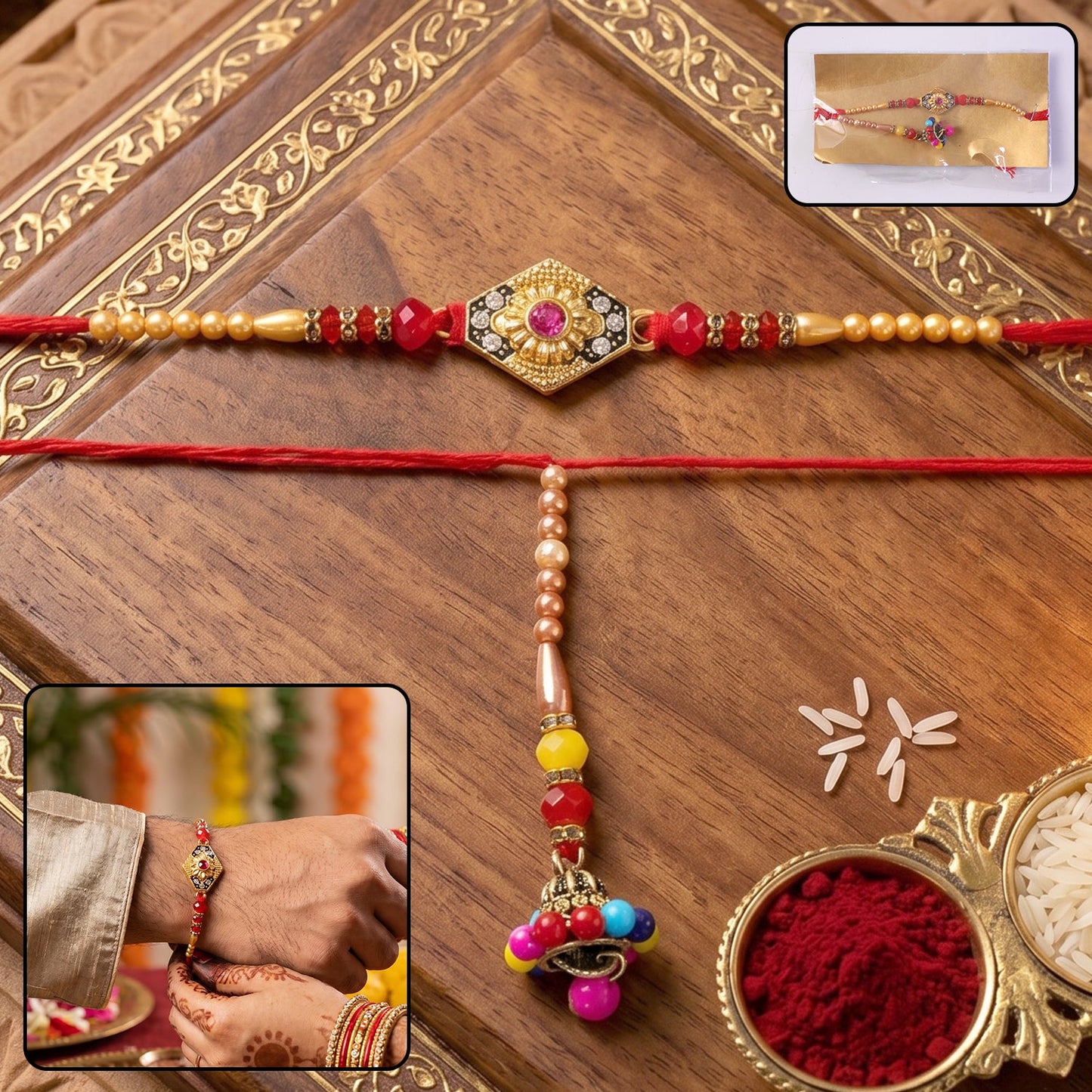 Hexagon Stone Designer Rakhi with colorful beads on white background