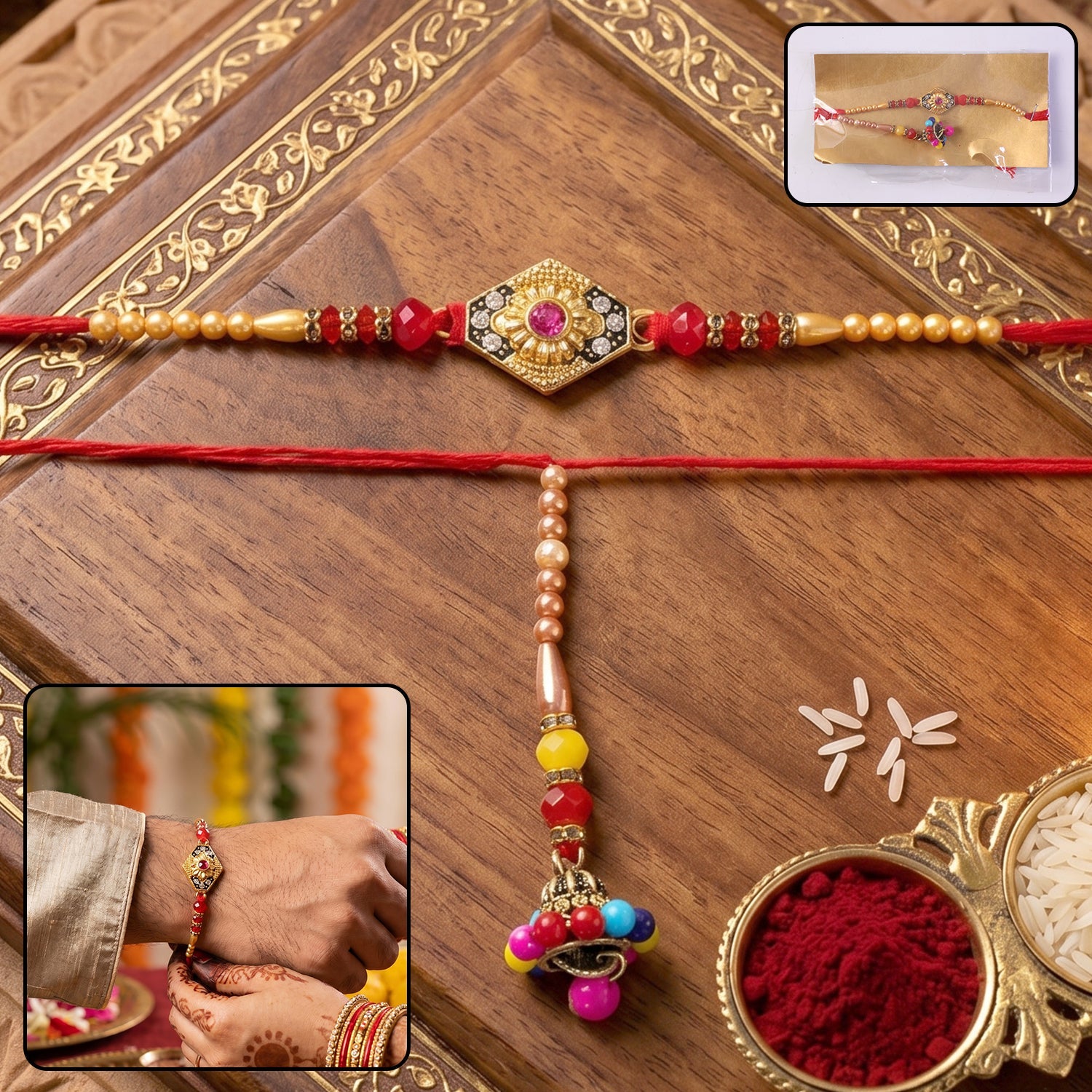 Hexagon Stone Designer Rakhi with colorful beads on white background