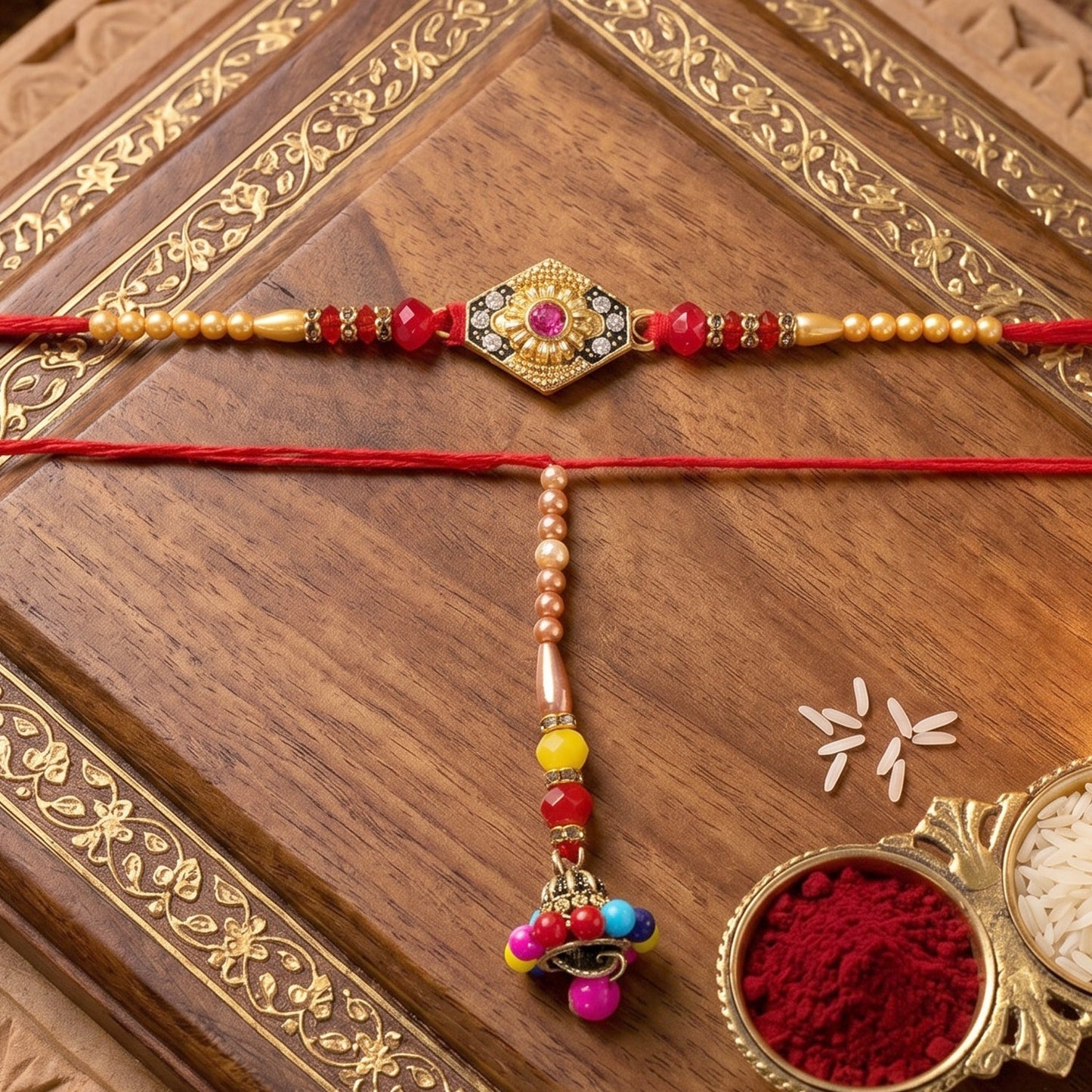 Front view of Hexagon Stone Designer Rakhi highlighting hexagon stone