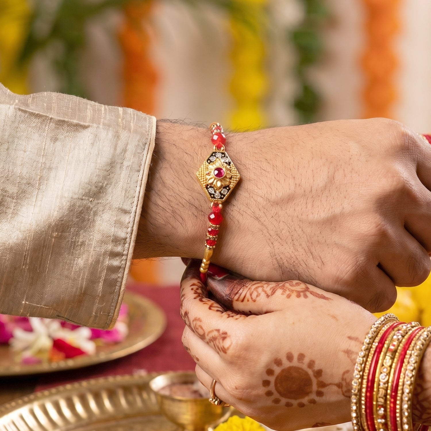 Close-up of colorful beads on Hexagon Stone Designer Rakhi