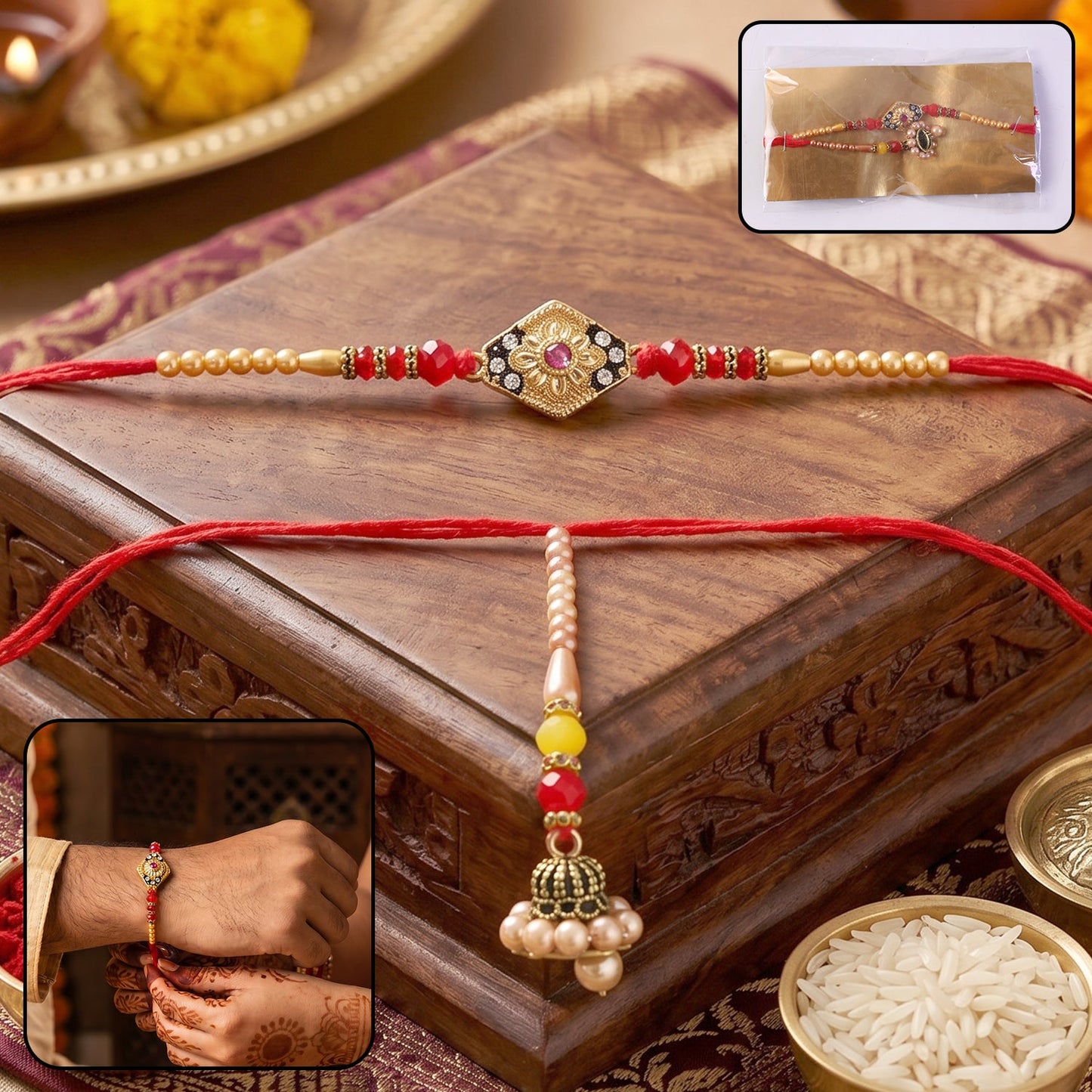 Diamond Shape Stone Designer Rakhi with Pearl Jhumka close-up