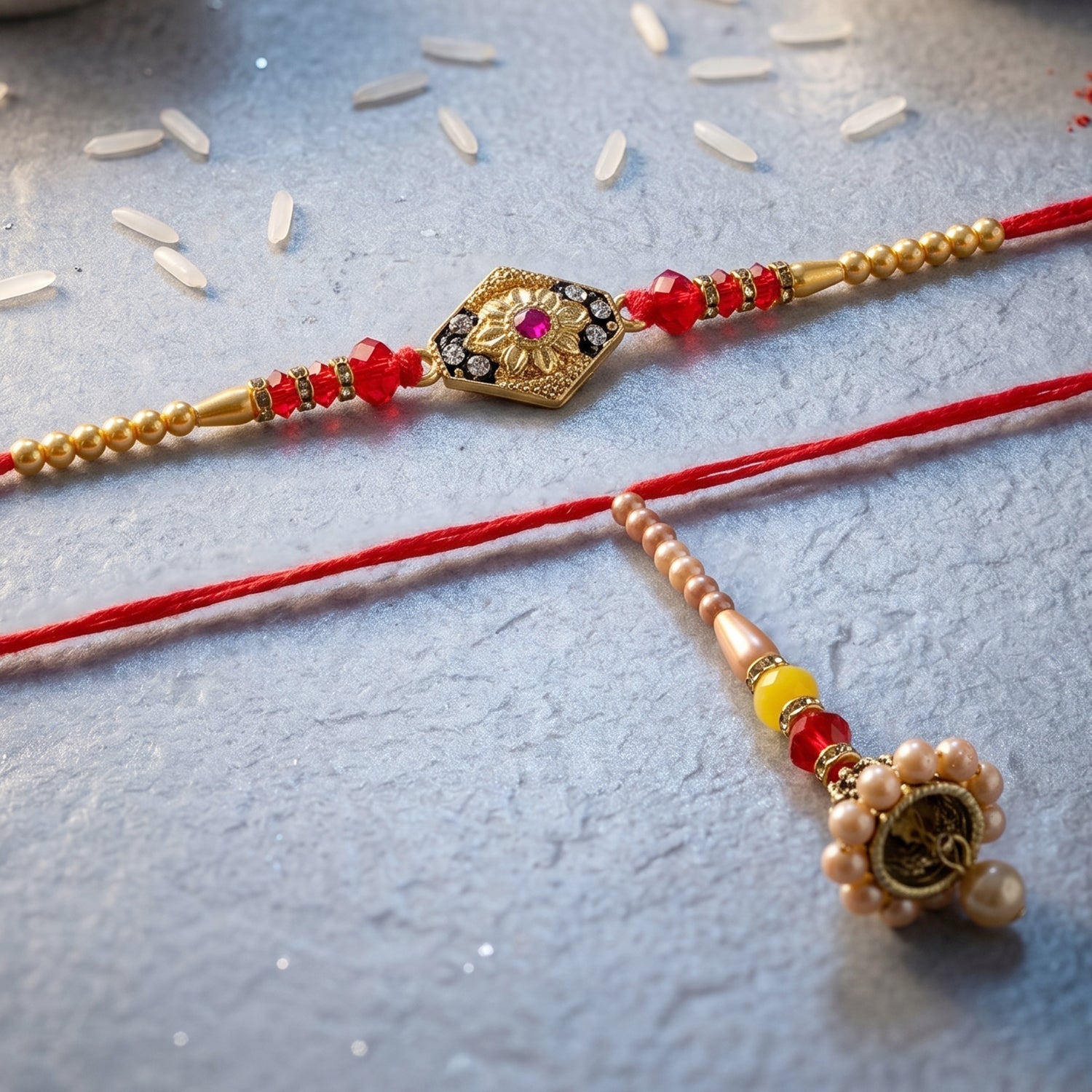 Top view of Pearl Jhumka Rakhi with diamond stones