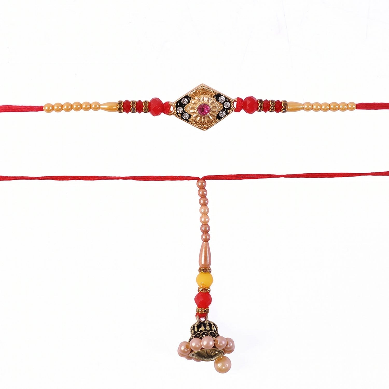 Pearl bead and diamond Rakhi closeup