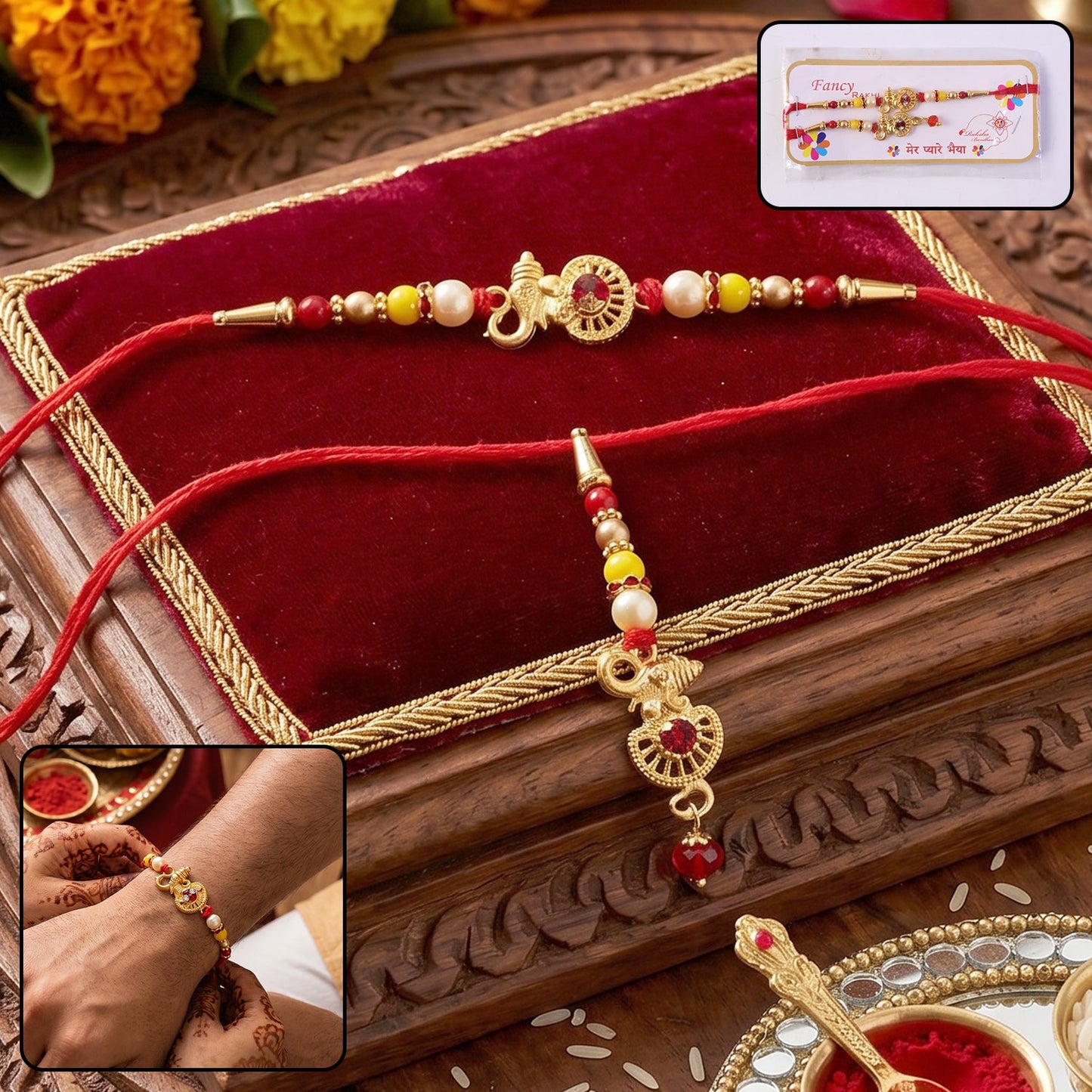 Golden Ganesha Designer Rakhi with pearl beads front view