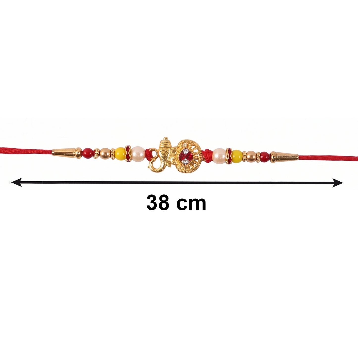 Designer rakhi with religious golden ganesha motif and pearls