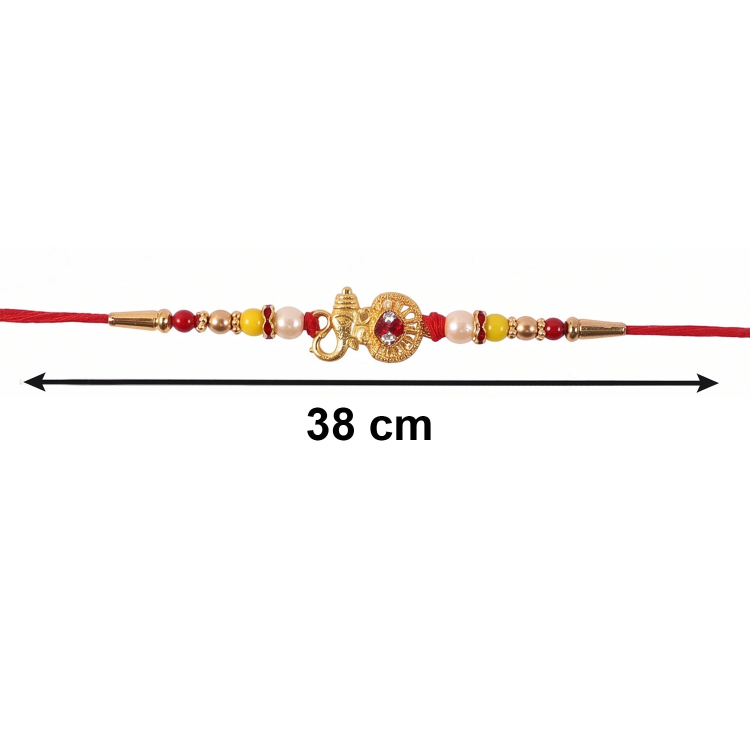 Designer rakhi with religious golden ganesha motif and pearls