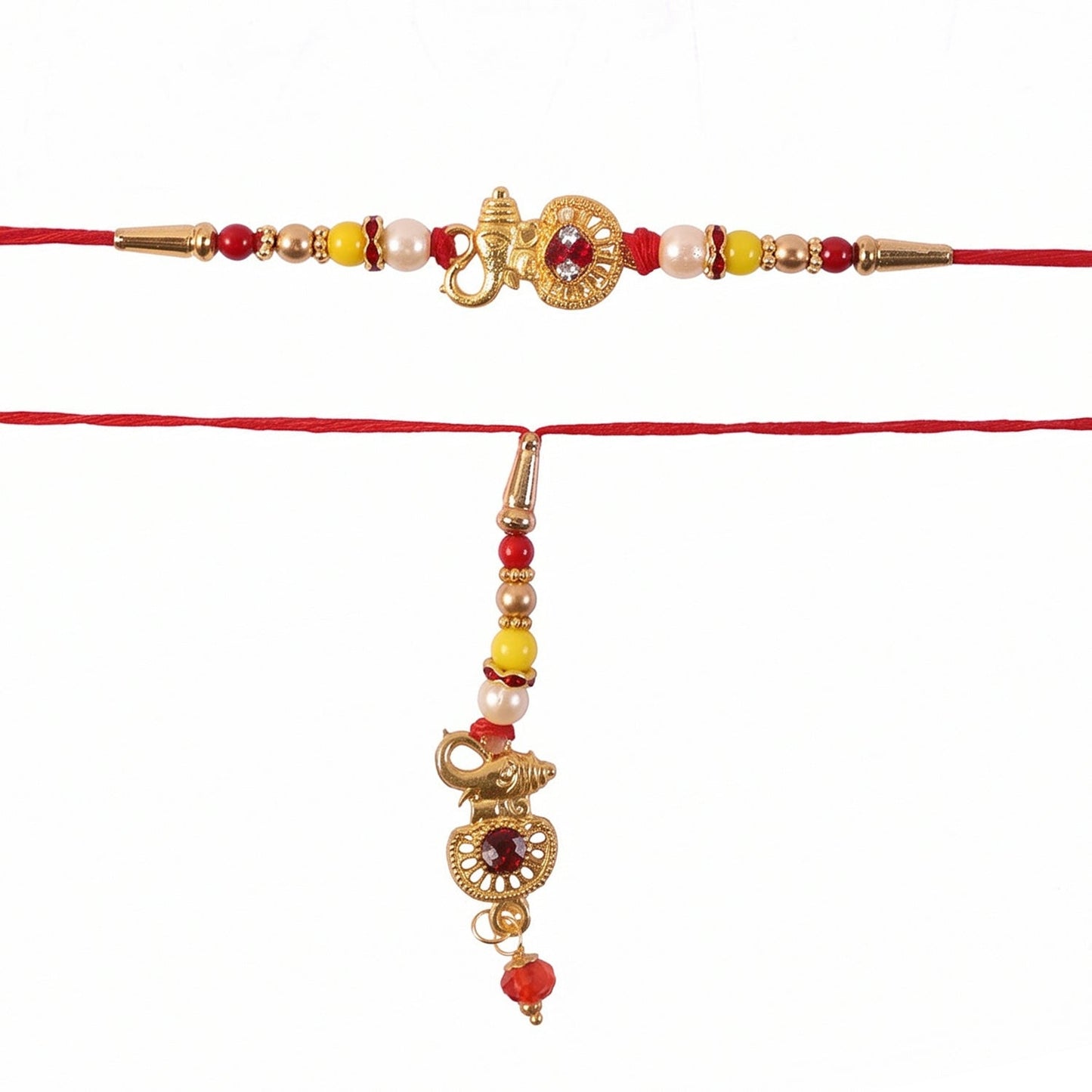 Side angle of bhabhi rakhi with pearl beads and golden ganesha