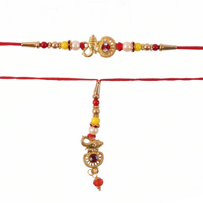 Side angle of bhabhi rakhi with pearl beads and golden ganesha