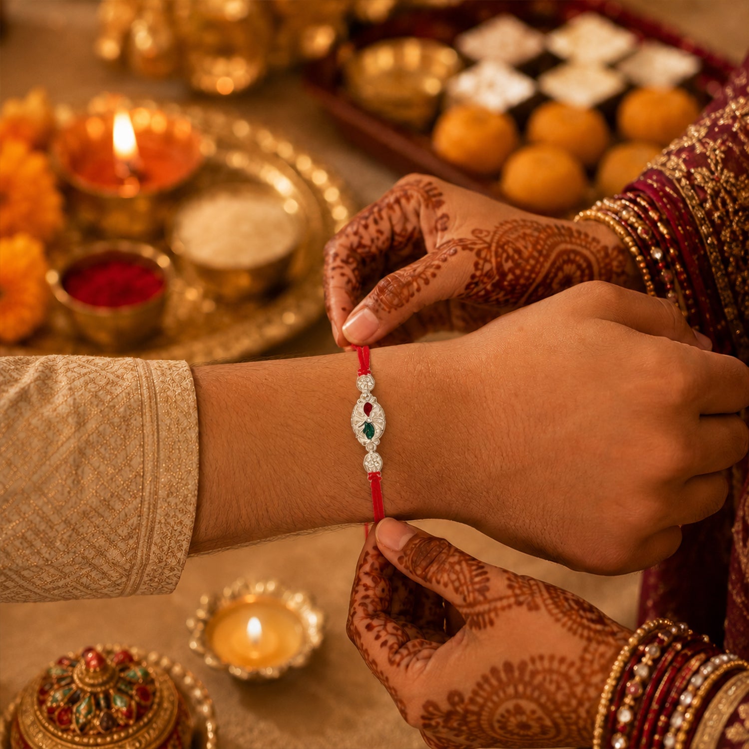 Silver Oval Design Rakhi with Red Thread (1 Pc)