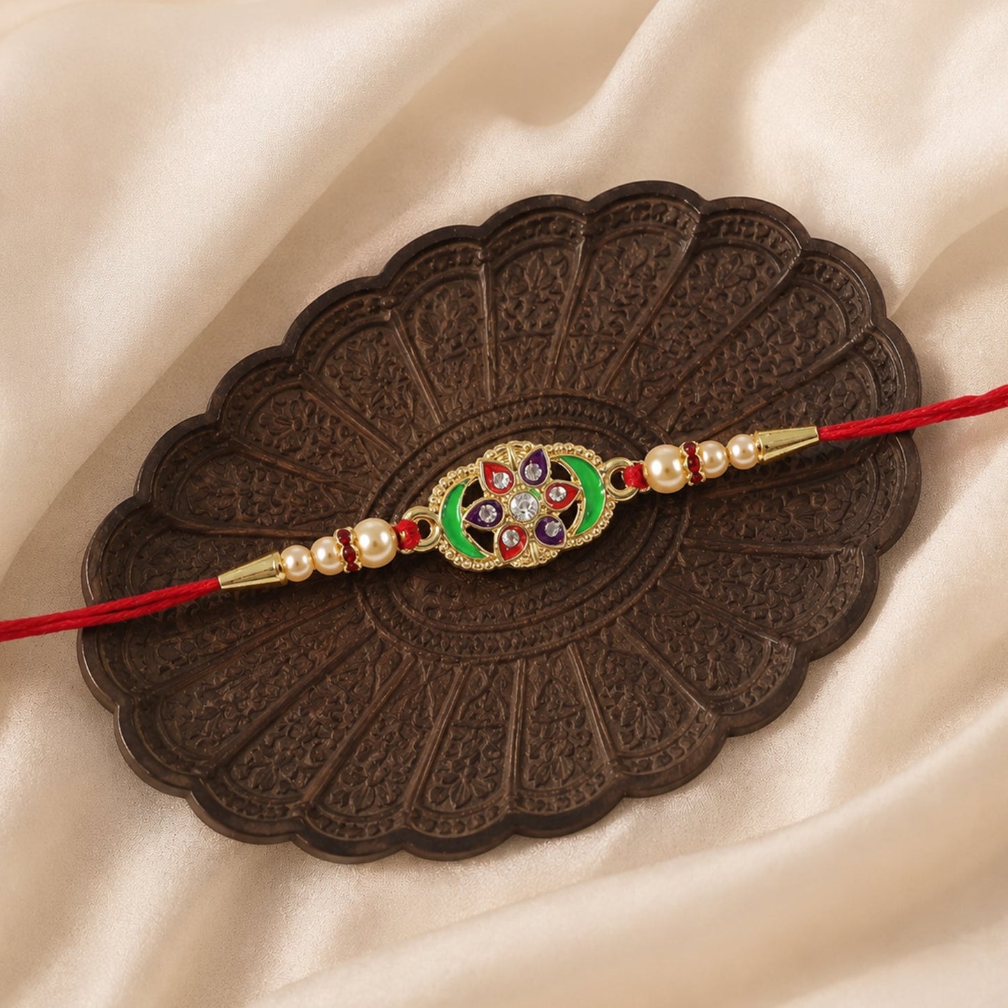 Colorful Floral Design Rakhi with Pearl Beads (1 Pc)