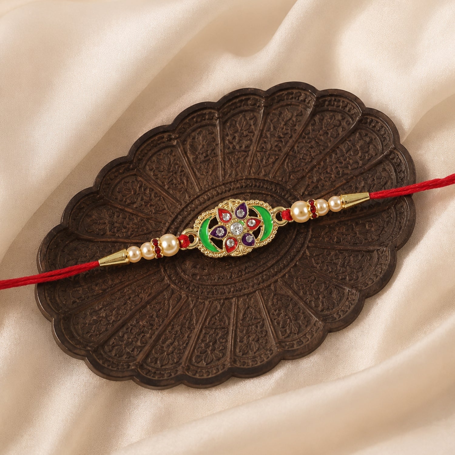 Colorful Floral Design Rakhi with Pearl Beads (1 Pc)