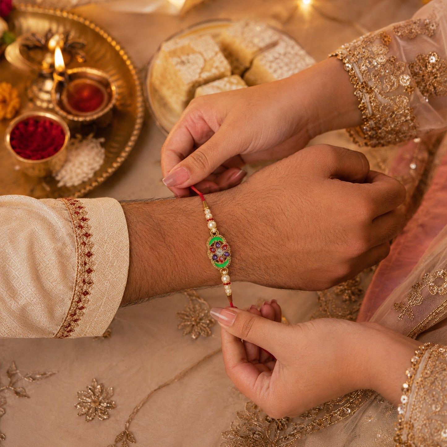Colorful Floral Design Rakhi with Pearl Beads (1 Pc)