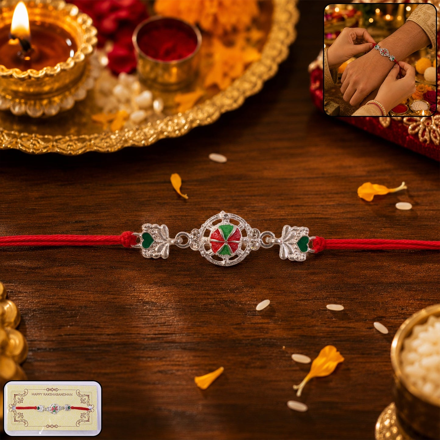 Silver Floral Design Rakhi with Red Thread (1 Pc)