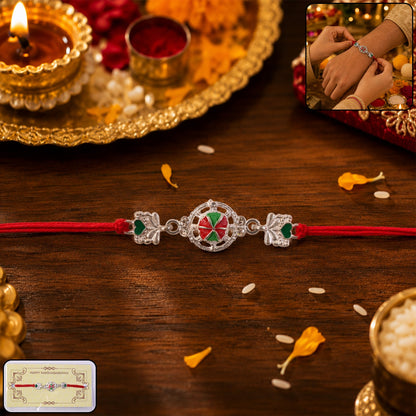 Silver Floral Design Rakhi with Red Thread (1 Pc)
